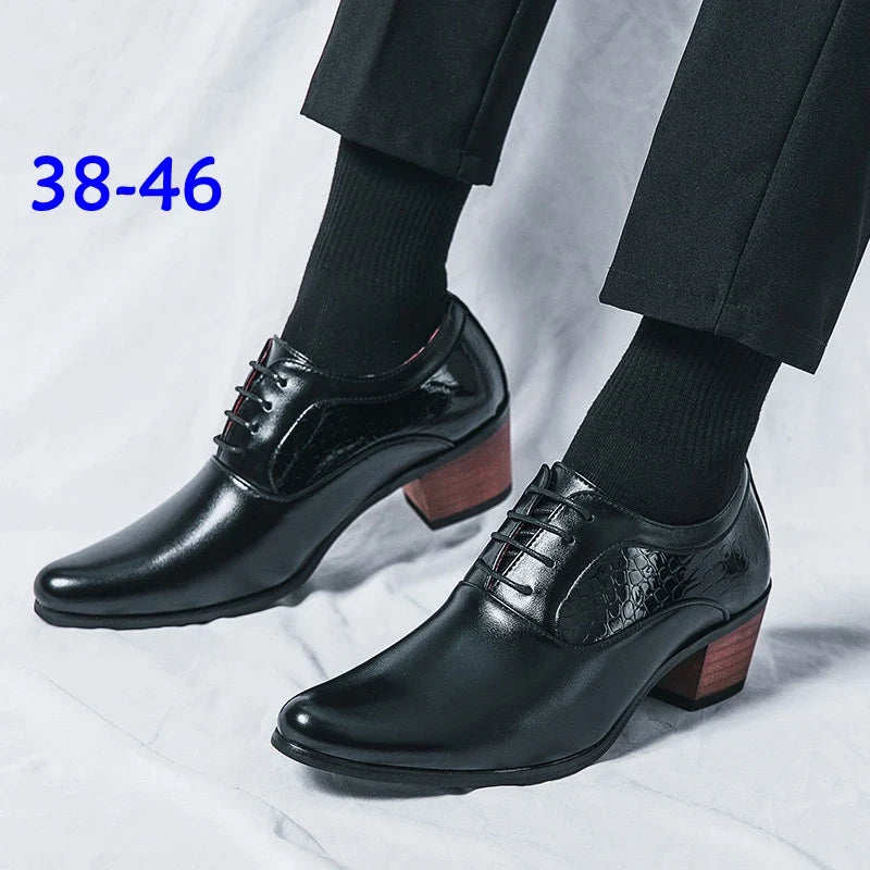 Men’s Pointed High Heel Leather Shoes - British Business Wedding Dress Shoes with Height-Increasing Design