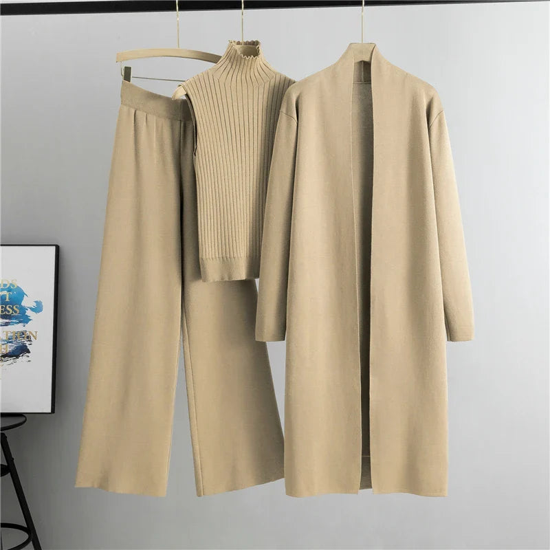 2025 Women’s 3-Piece Knitted Set – Elegant Winter & Autumn Cardigan, Sweater, and Wide-Leg Pants