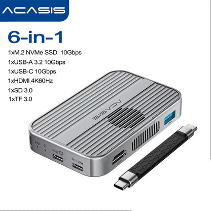 Acasis Magnetic M.2 NVMe SSD Enclosure - 10Gbps USB-C Docking Station with HDMI 4K60Hz, SD/TF & PD 100W Support