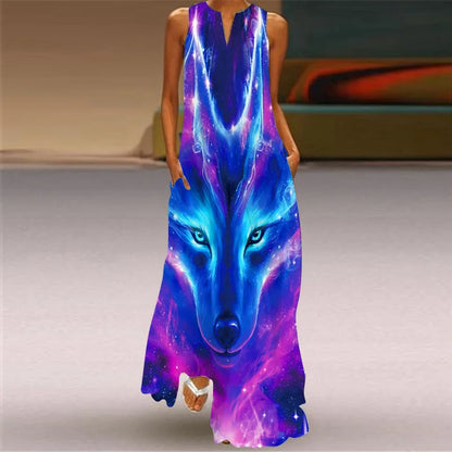 Vintage Boho Maxi Dress - Women's Summer V Neck Sleeveless Long Sundress with Pockets