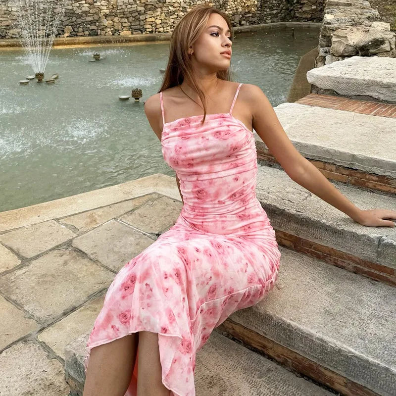 Women’s Floral Ruched Dress - Spaghetti Strap Backless Summer Party & Clubwear Mini Dress