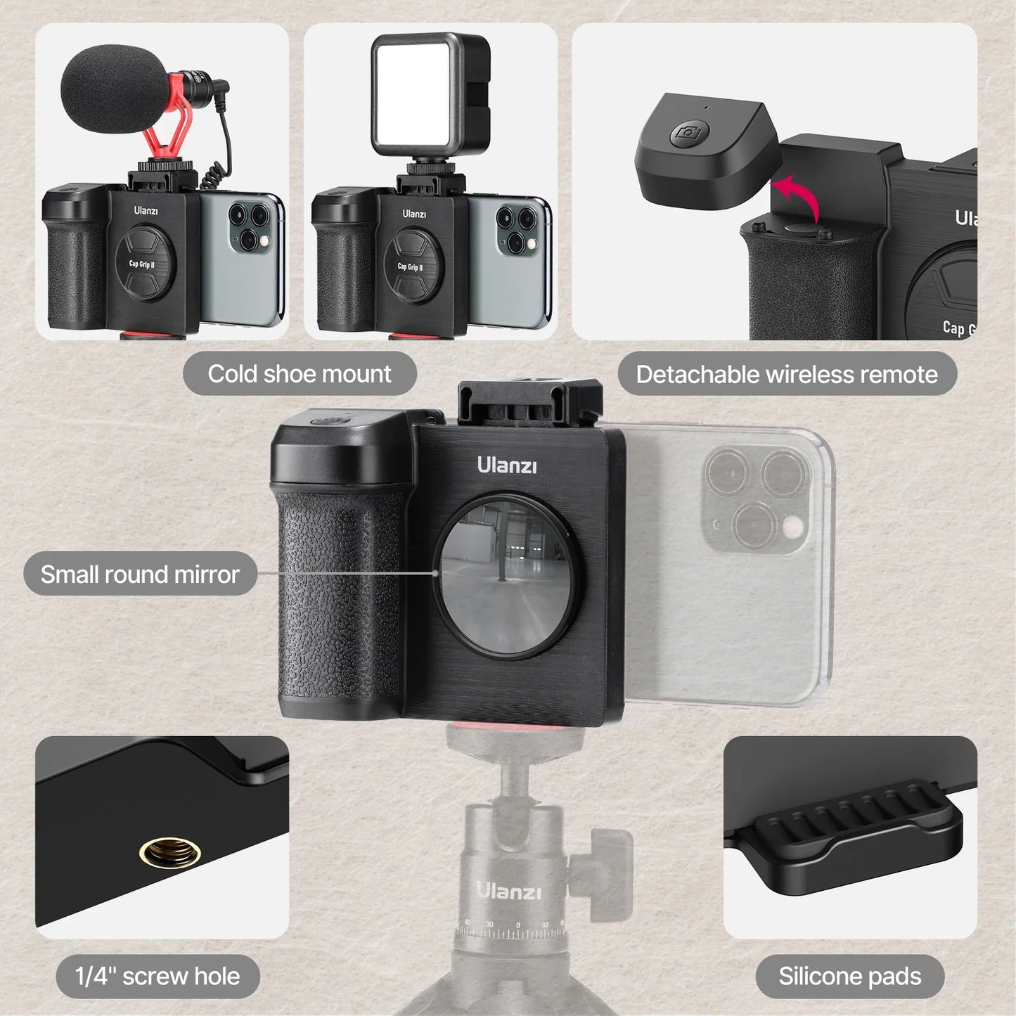 Ulanzi CapGrip II Handheld Smartphone Selfie Booster - Hand Grip with Bluetooth Remote Control Shutter for iPhone and Android Phones