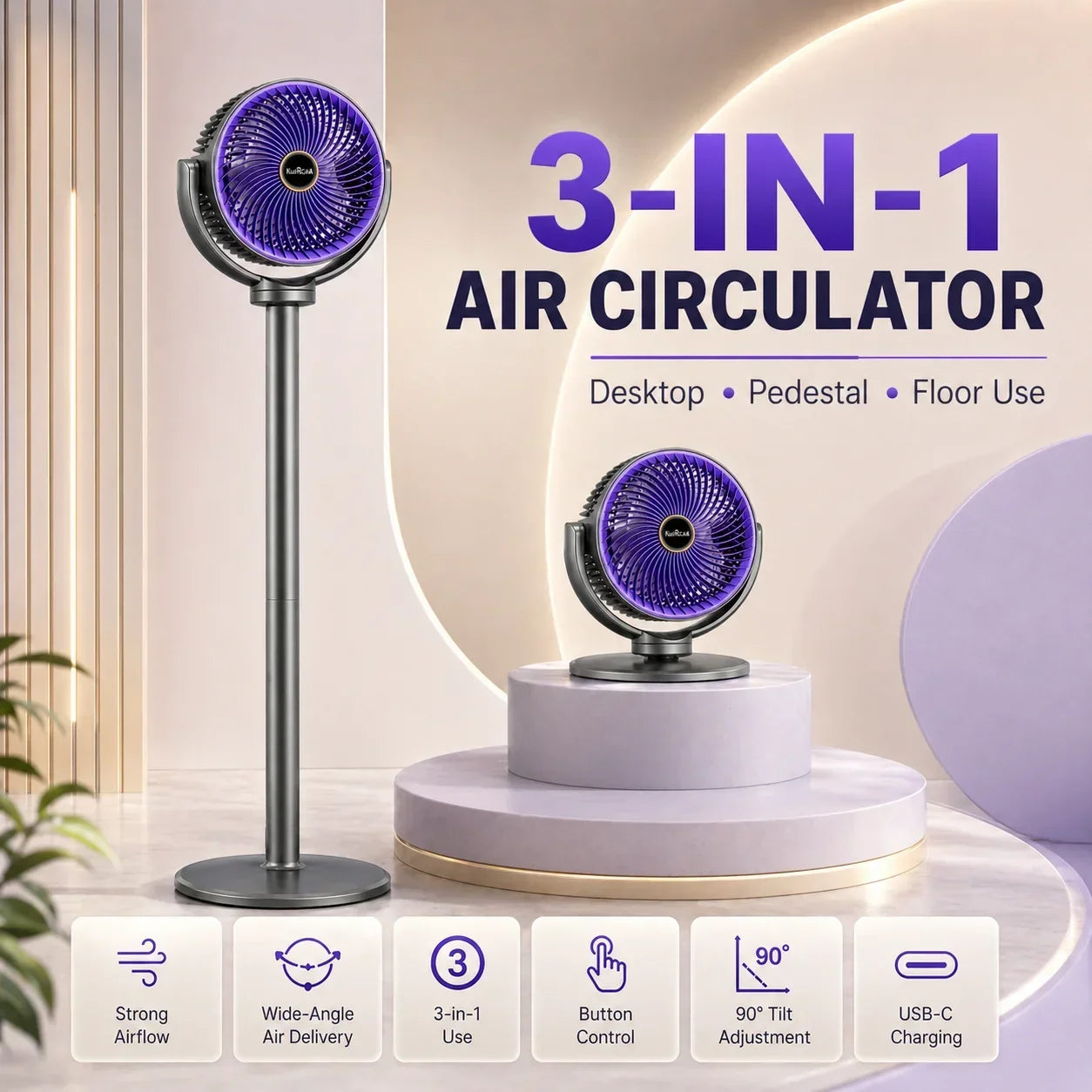 3-in-1 Air Circulation Fan - Retractable Standing & Desk Cooling Fan with Remote Control