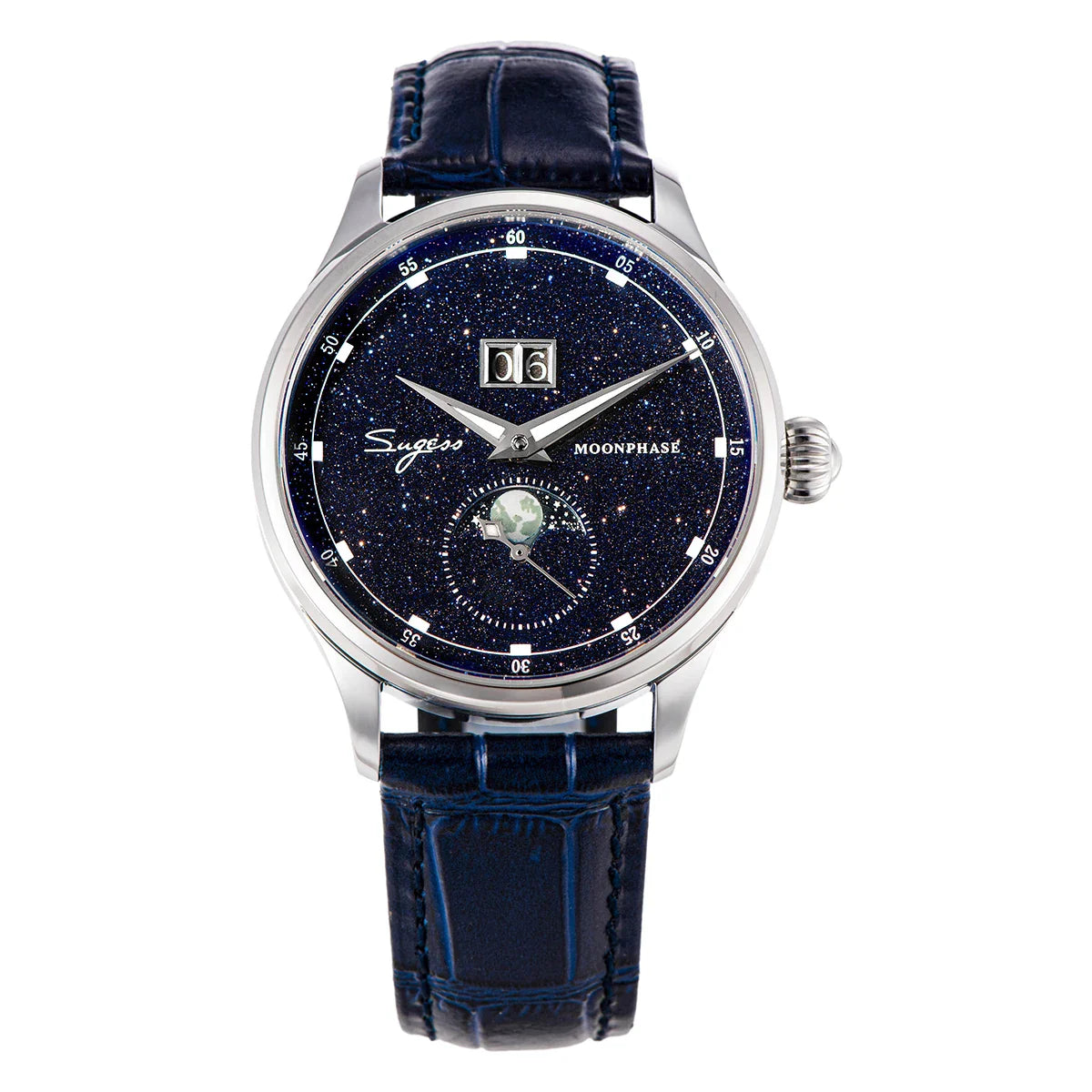Sugess Moonphase Men’s Automatic Mechanical Watch — 40MM Stainless Steel with Seagull ST2528 Movement and Blue Sandstone Dial