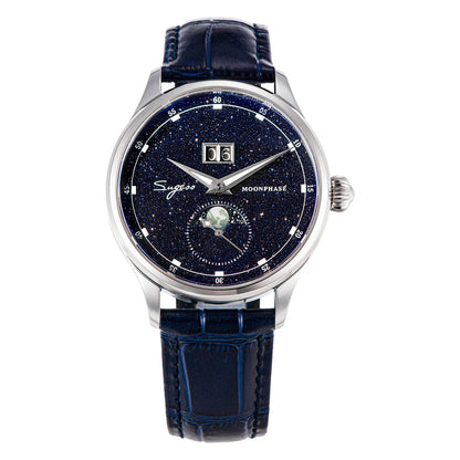 Sugess Moonphase Men’s Automatic Mechanical Watch — 40MM Stainless Steel with Seagull ST2528 Movement and Blue Sandstone Dial
