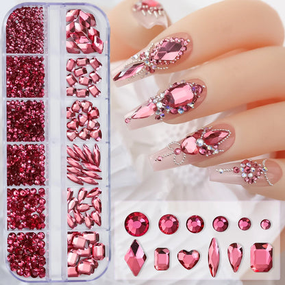 12-Grid Mixed Nail Rhinestones SS6-SS30 – Shiny Flat-Back Gems in Clear, Gold, Pink & Blue for Nail Art Decoration