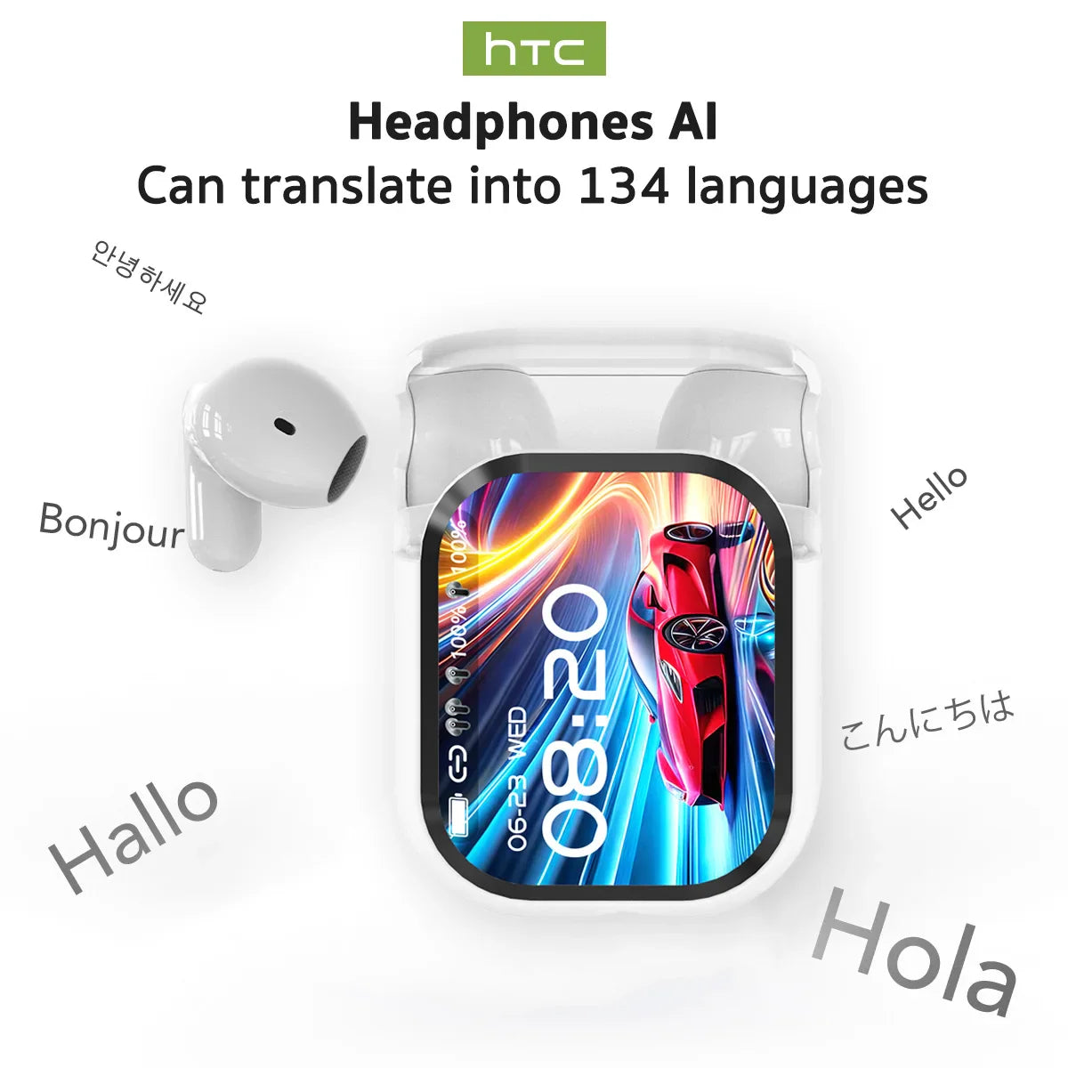HTC NE20 Bluetooth 6.0 AI Translator Earbuds – Wireless Sport Headphones with LCD Touch & HD Stereo