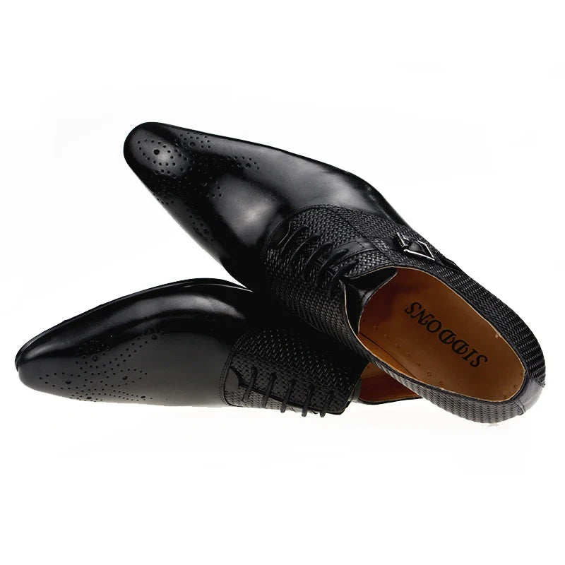 Men’s Genuine Leather Formal Shoes - Fashion Lace-Up Wedding Brogue Dress Shoes with Woven Design