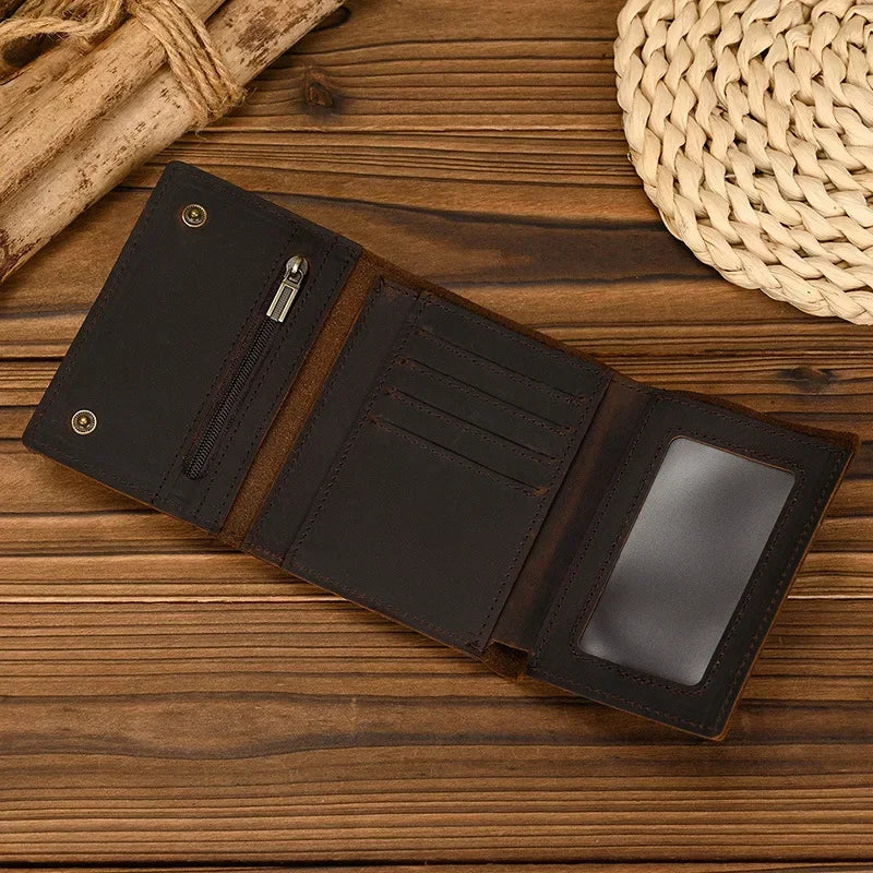Men’s Genuine Leather Short Wallet with Chain – Trifold Zipper Clutch, Card Holder & Coin Purse