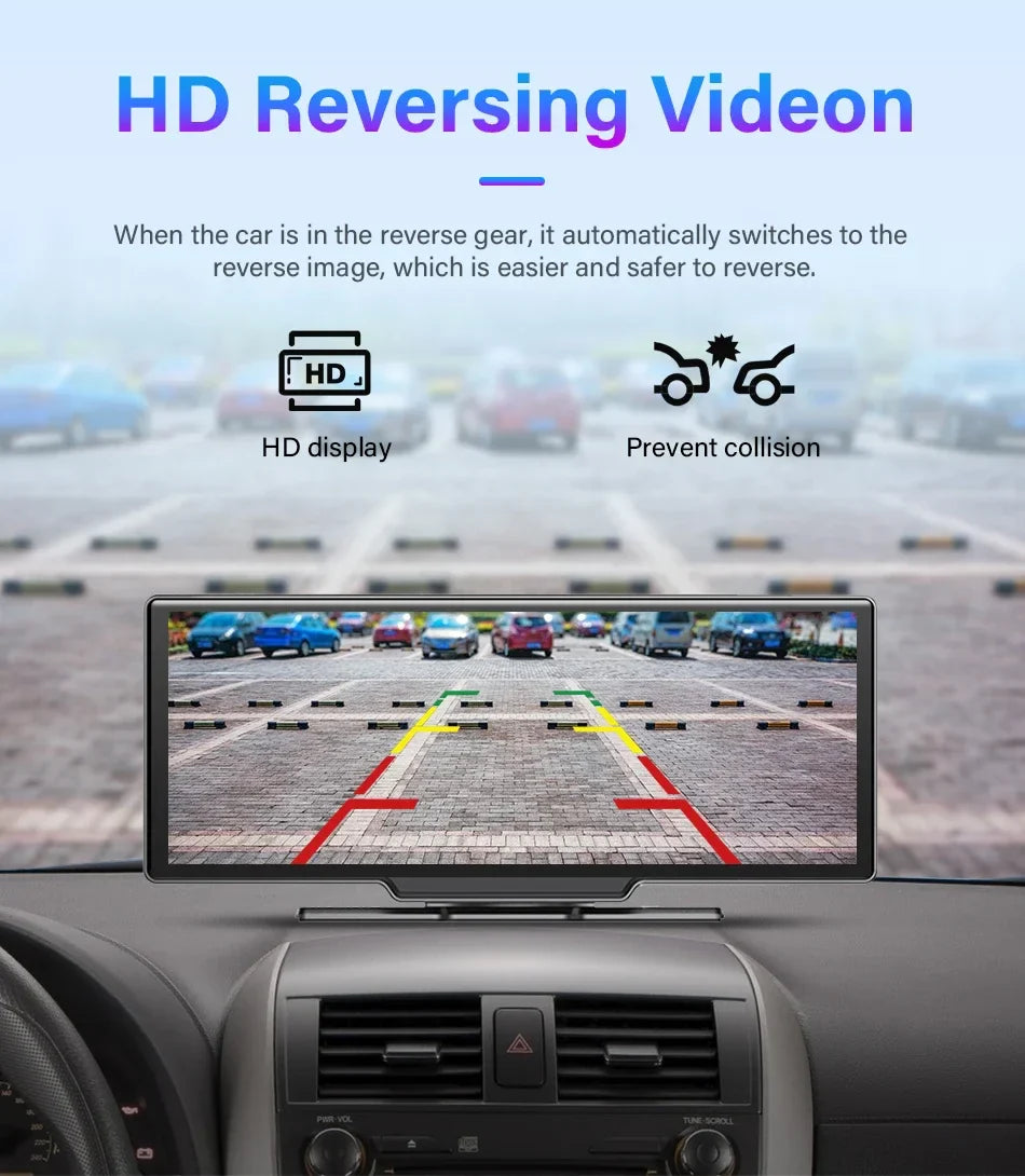 10.26" 4K Dash Cam Car Mirror — Wireless CarPlay Android Auto GPS Multimedia Rearview Camera Dashboard Monitor