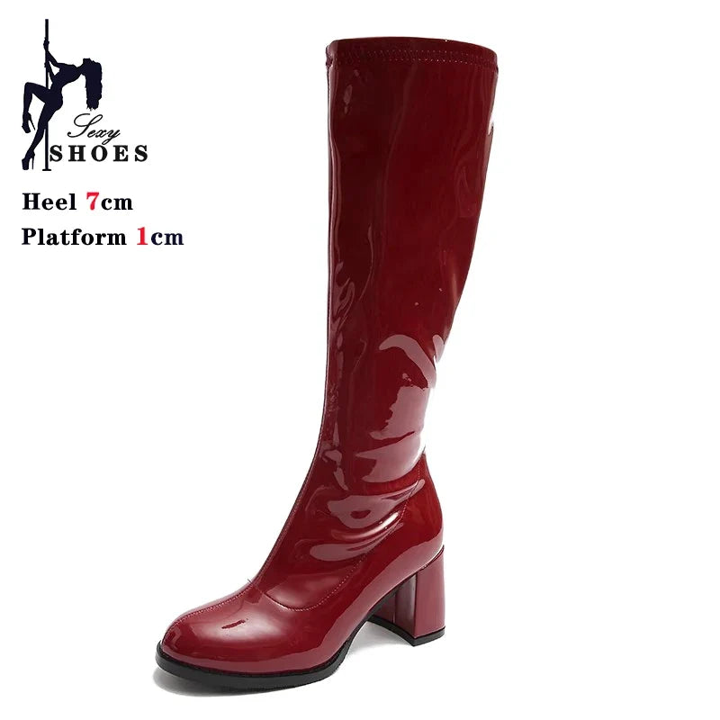 Women’s 7cm Retro Gogo Boots - 60s 70s Knee-High Square Heel Party Boots with Zip Size 44-45