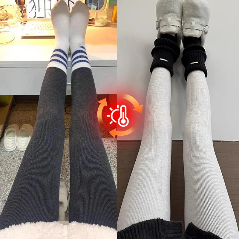Women’s Winter Plush Leggings — Thicken Vertical Stripe Thermal Tights, High-Waist Fleece, Slim Fit, High Stretch