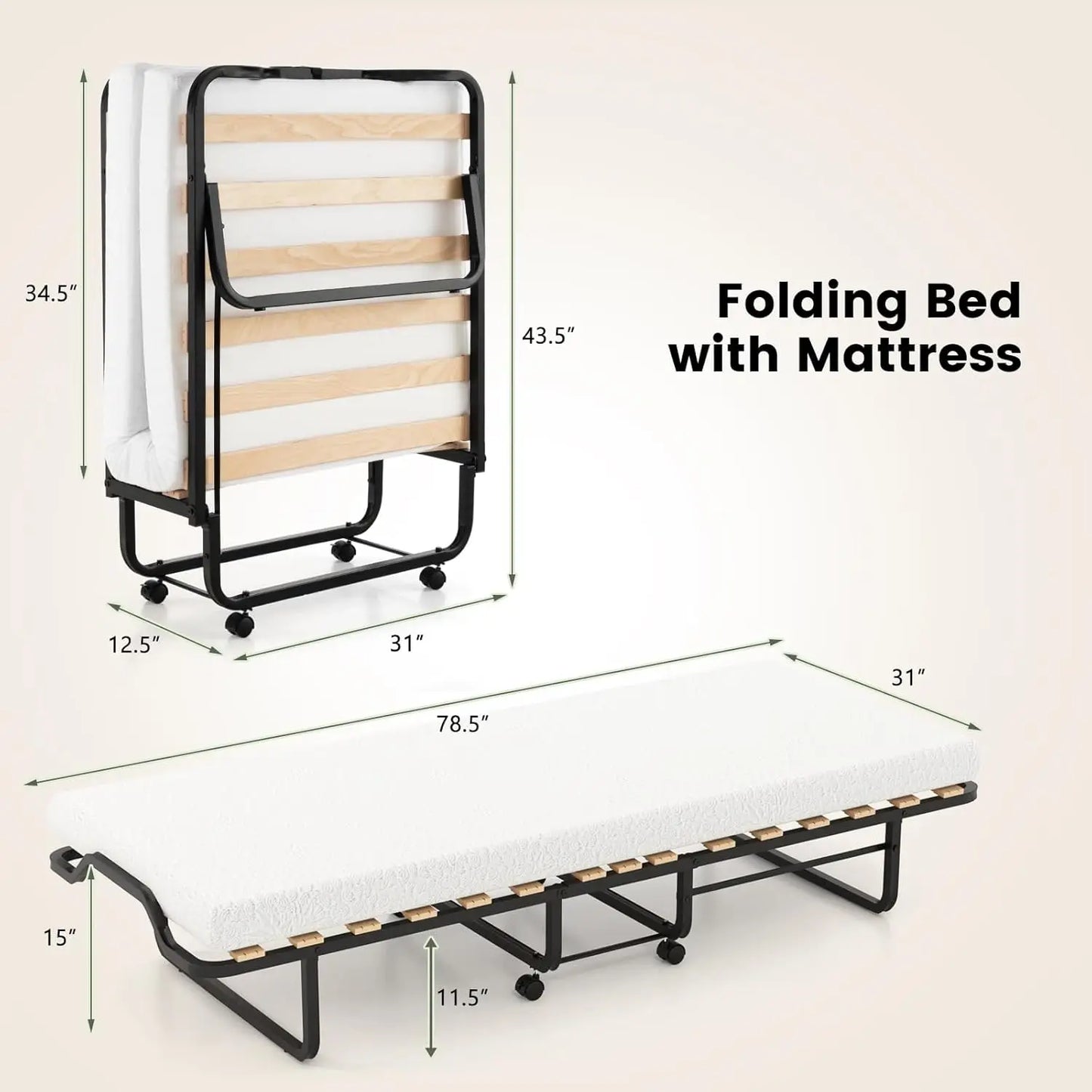 Foldable Rollaway Guest Bed with Memory Foam Mattress – 78.5”x31” Portable Metal Frame Bed with Wheels, Space Saving Folding Bed