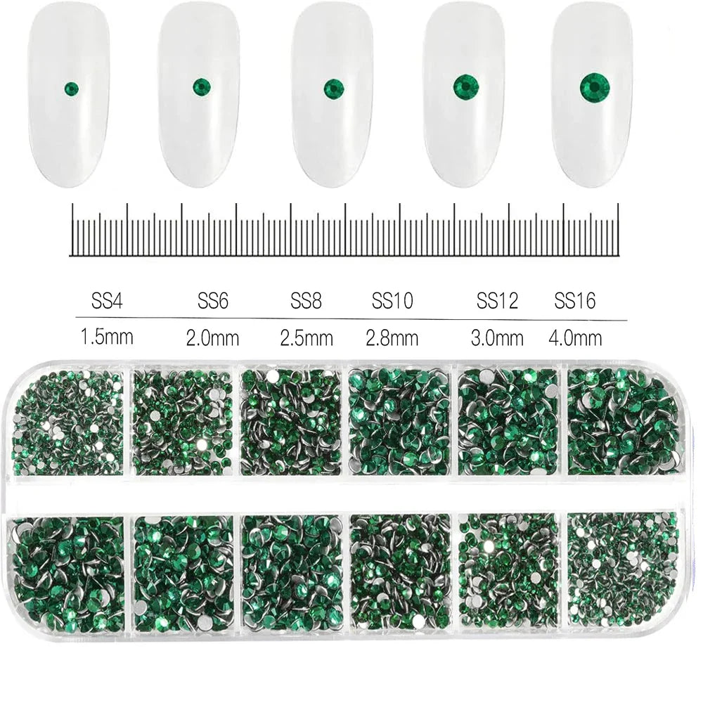 12-Grid Mixed Nail Rhinestones SS6-SS30 – Shiny Flat-Back Gems in Clear, Gold, Pink & Blue for Nail Art Decoration
