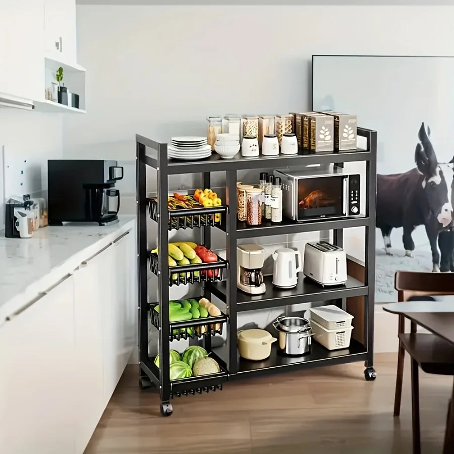 Heavy-Duty 4-Tier Metal Mesh Basket Rack — Rolling Storage Organizer with Locking Wheels for Kitchen & Restaurant Vegetables