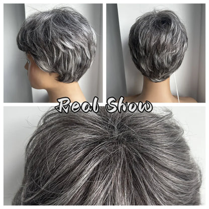 Short Pixie Cut Grey Human Hair Wig – 8 Inch Layered Fashion Wig for Women, Daily Use, Machine Made