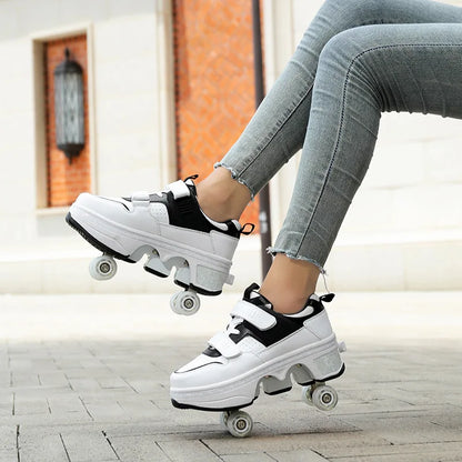 Dual Purpose Roller Skates Shoes - Adjustable Double Row 4-Wheel Deformation Roller Sneakers for Kids & Teens Size 33-44