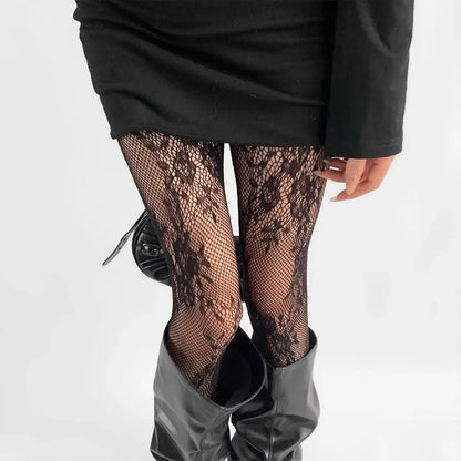 Women's Floral Lace Mesh Pantyhose - Harajuku Hollow Out Tights with Rattan Pattern Fashion Hosiery