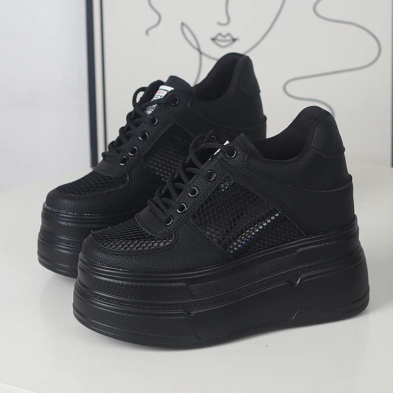 Women’s Genuine Leather Platform Sneakers – 12CM Wedge Casual Breathable Hidden Heel Zapatillas Mujer