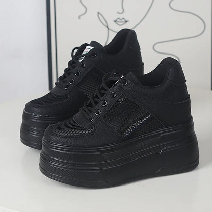 Women’s Genuine Leather Platform Sneakers – 12CM Wedge Casual Breathable Hidden Heel Zapatillas Mujer