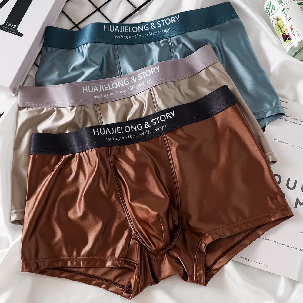 Men’s 3-Pack Ice Silk Satin Boxers, Luxury Smooth Breathable Mesh Crotch Underwear, Summer Cool Solid Fit Boxer Shorts