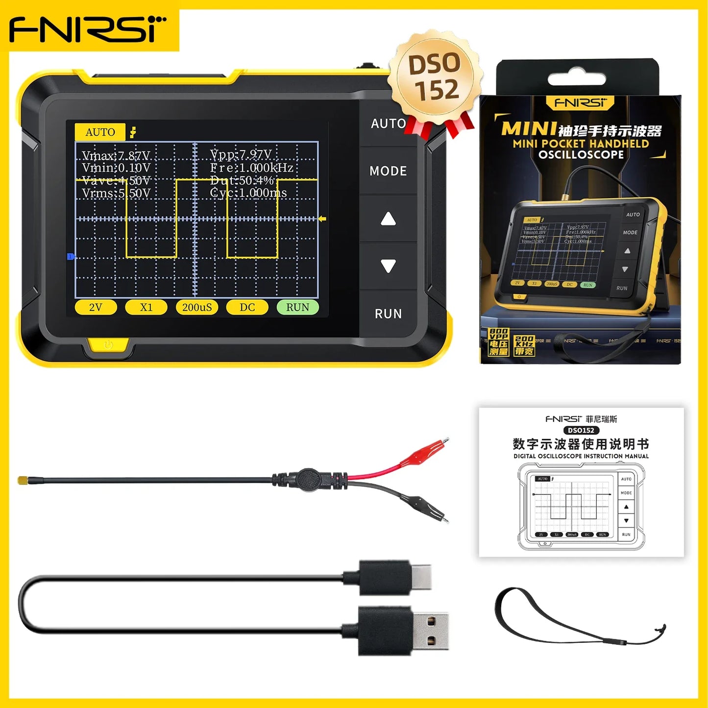 FNIRSI DSO510 DSO152 DSO153 Mini Handheld Oscilloscope - 2-in-1 Digital Scope 48MS/s 10MHz for Electronic Repair