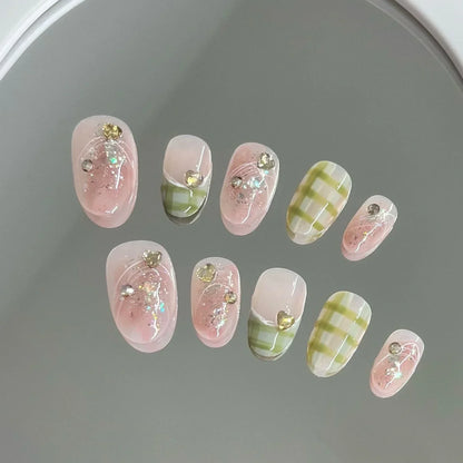 10 Pcs Handmade Short Square Press-On Nails – Full Cover Flower & Cat Eye Ballet False Nails Manicure Tips