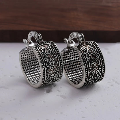 PANJBJ925 Sterling Silver Hoop Earrings - Frosted Geometric Design Fashion Jewelry Gift for Women
