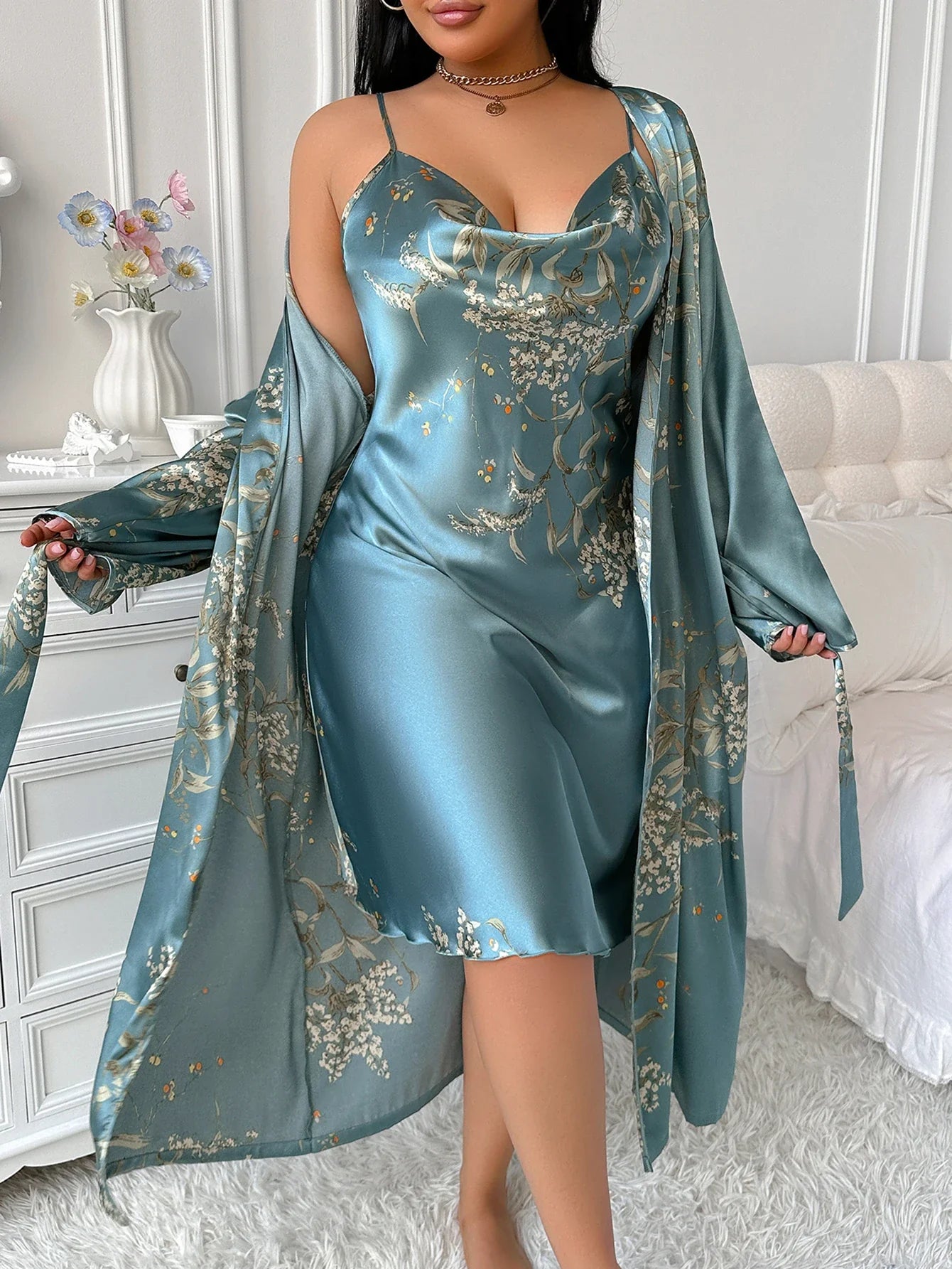 Plus Size Cherry Floral Pajama Set - Sexy Slip Nightgown with Robe Two Piece Women’s Loungewear Sleepwear