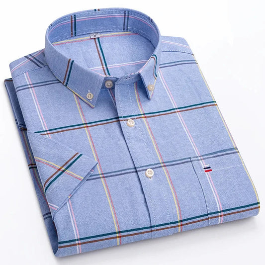 Men's Oxford Cotton Short Sleeve Shirt - Breathable Summer Business Casual Plaid Shirt