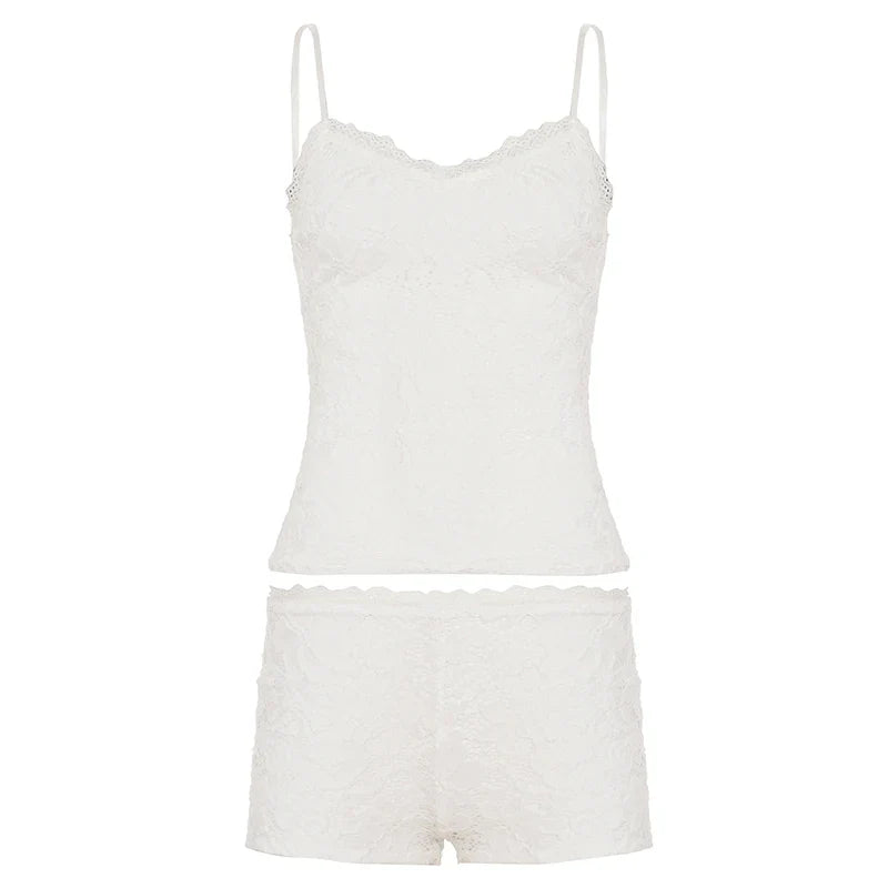 SUCHCUTE Women’s White Lace 2-Piece Homewear Set – Sleeveless Spaghetti Strap Tank Top & Low-Rise Elastic Waist Shorts, Y2K Casual Lounge Outfit