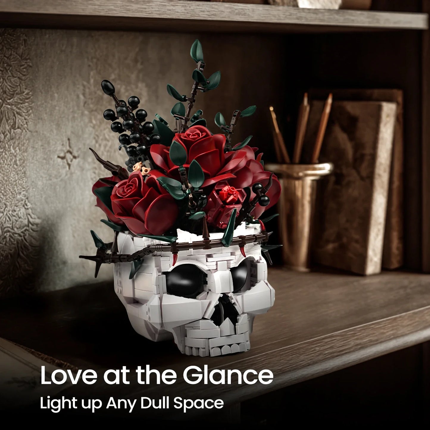 Skull Roses Bouquet Building Set – Gothic Skeleton Flower Pot Blocks for Horror Home Decor & Adult Christmas Gift