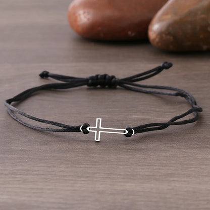 Gothic Cross Rope Bracelet - Stainless Steel Hollow Charm Hand Braided Lucky Black & Red Jewelry Gift for Women