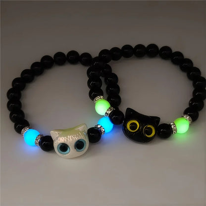 Luminous Cat Matching Bracelets for Couples | Glow-in-the-Dark Black & White Friendship Bangles | Cute Gift for Him & Her