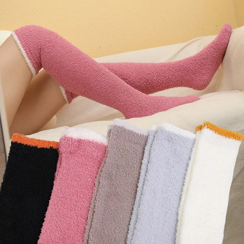 Winter Warm Coral Fleece Thigh High Socks for Women - Plush Over-Knee Long Socks, Soft and Cozy for Home and Sleep