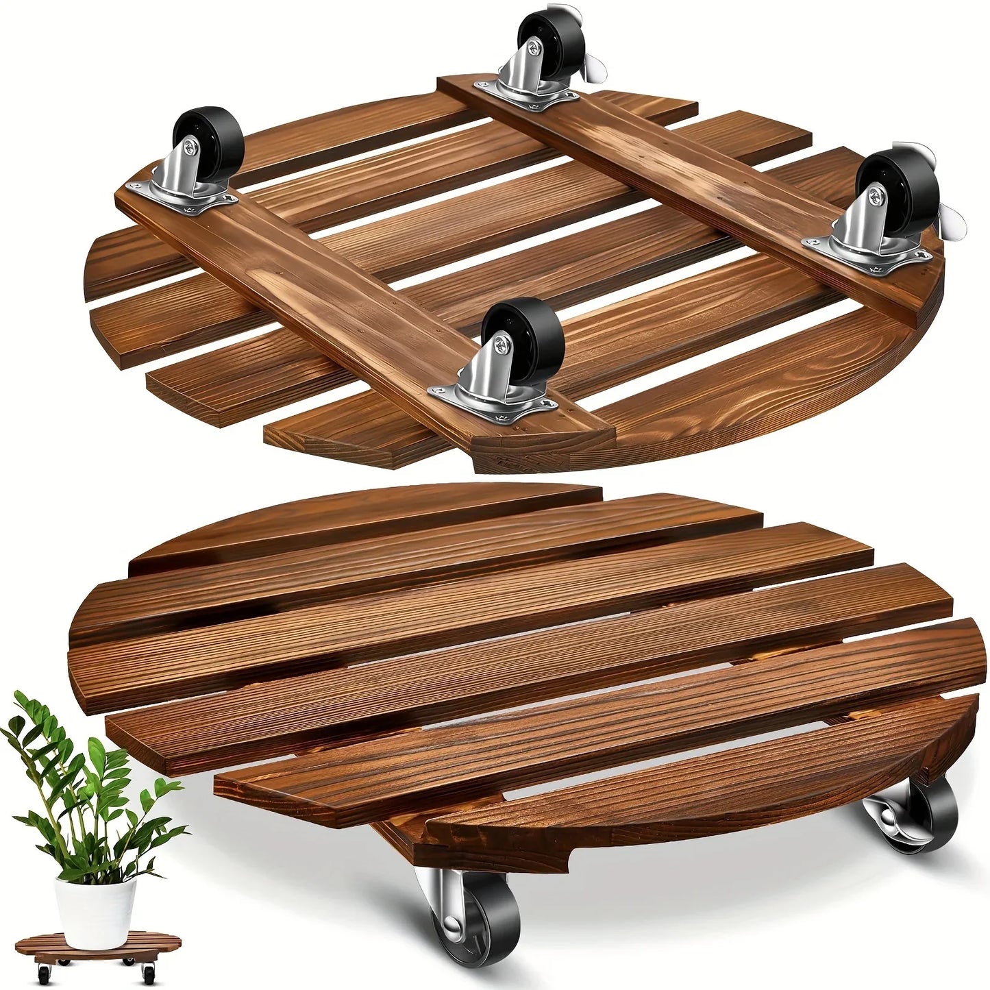 Wooden Plant Caddy Stand - Heavy Duty Rolling Plant Dolly with Lockable Wheels for Indoor & Outdoor Pots