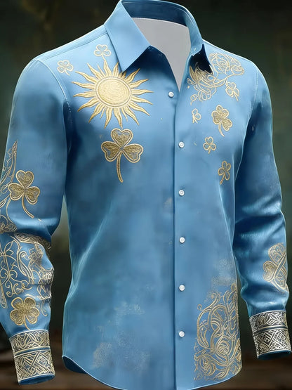 Men’s Geometric Diamond Wings Shirt - Orange Bottom Printed Long Sleeve Satin Collar Dress Shirt