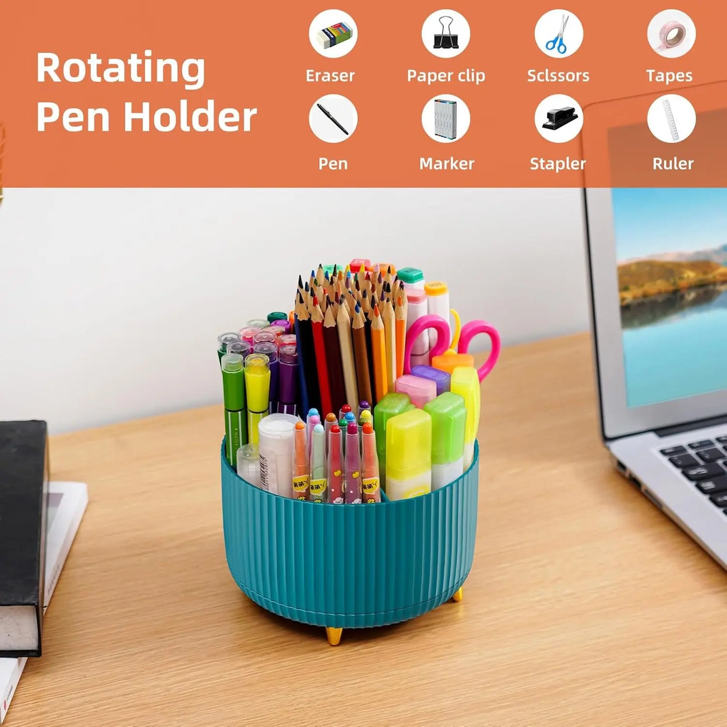 5 Compartment Rotating Pen Holder - 360° Desktop Organizer Caddy for Office, Home & Art Supplies