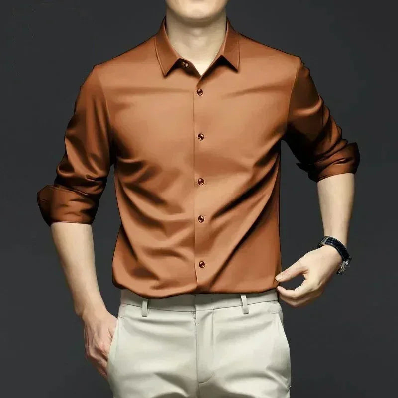 Men’s Luxury White Dress Shirt - Wrinkle-Resistant Ice Silk Glossy Long Sleeve Business Casual Shirt S-6XL