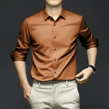Men’s Luxury White Dress Shirt - Wrinkle-Resistant Ice Silk Glossy Long Sleeve Business Casual Shirt S-6XL