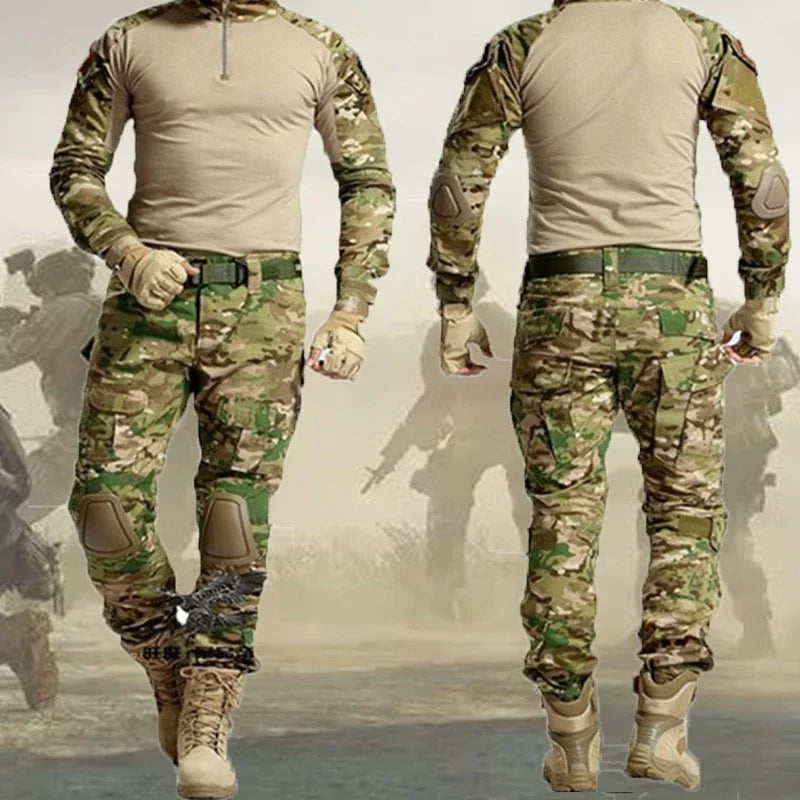 Men’s Camo Tactical Uniform Set | Ripstop Airsoft Suit with Multi-Pocket Pants & Training Shirt for Hunting or Paintball