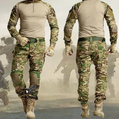 Men’s Camo Tactical Uniform Set | Ripstop Airsoft Suit with Multi-Pocket Pants & Training Shirt for Hunting or Paintball