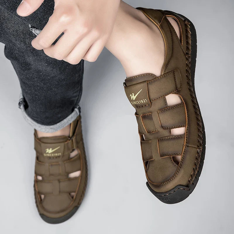 Men's Wide Toe Leather Sandals - Breathable Hollow Out Closed Toe Roman Casual Shoes Plus Size