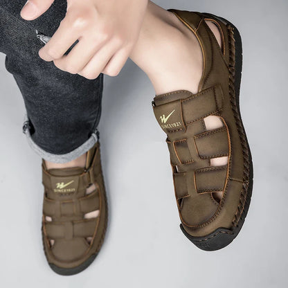 Men's Wide Toe Leather Sandals - Breathable Hollow Out Closed Toe Roman Casual Shoes Plus Size