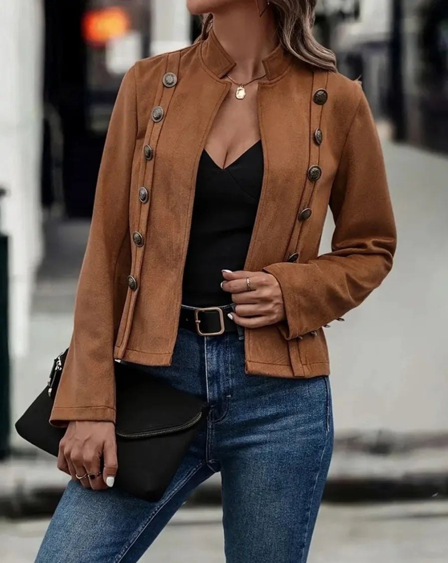 Women's Double-Breasted Blazer Coat – Stand Collar, Slim Fit, Long Sleeves Retro Jacket for Spring & Autumn