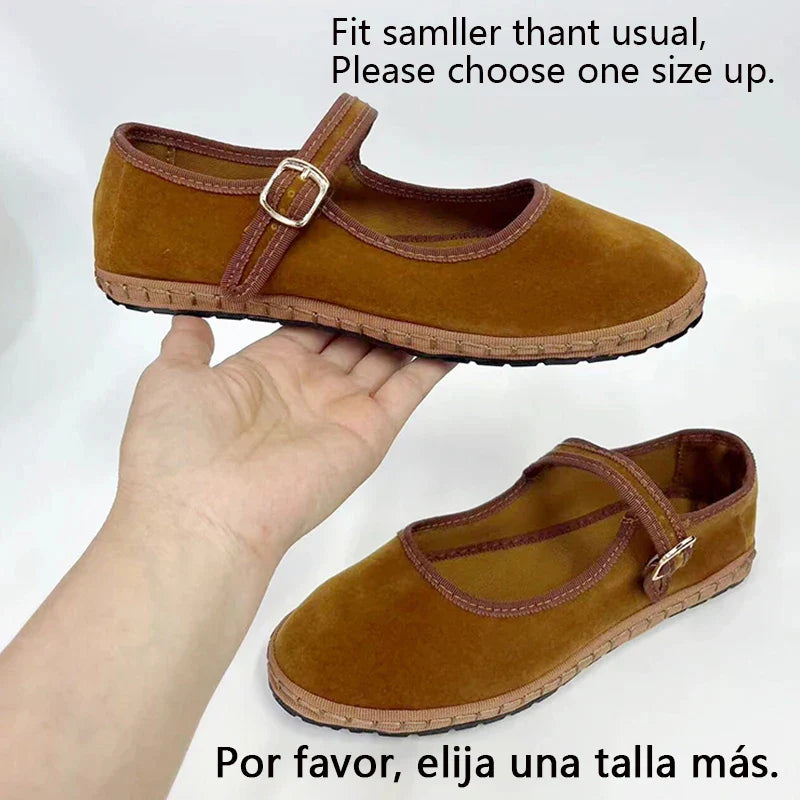Women's Velvet Mary Jane Shoes – Hand-Stitched Ballet Flats, Casual Streetwear Loafers in Solid Colors