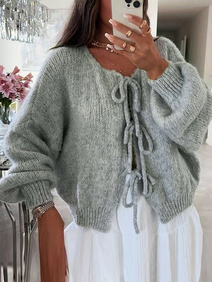 Fashion Knitted Bow Lace-Up Cardigan for Women – Y2K Open Front Sweater, Sweet Lantern Sleeve Oversized Knit Cardigan