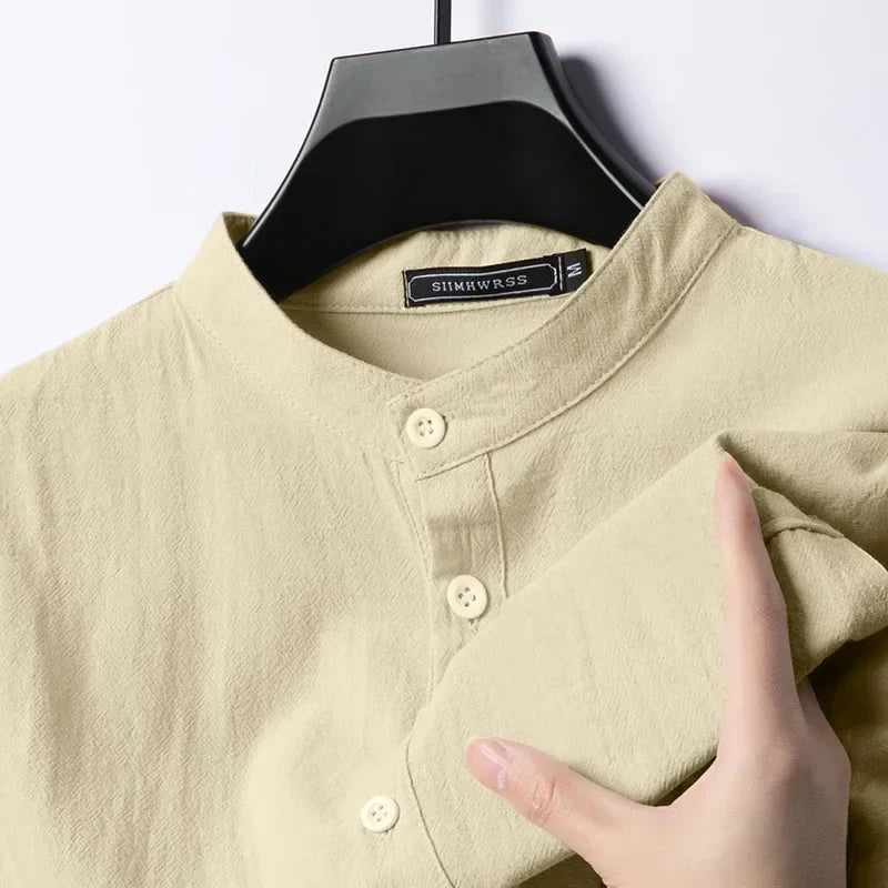 Men’s Linen Cotton Shirt - Lightweight Long Sleeve Henley Beachwear Hawaiian Style Breathable Top
