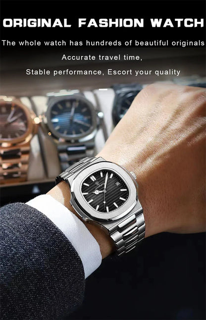 POEDAGAR Luxury Men's Watch – 30ATM Waterproof, Stainless Steel Square Quartz, Luminous Date, Business reloj hombre