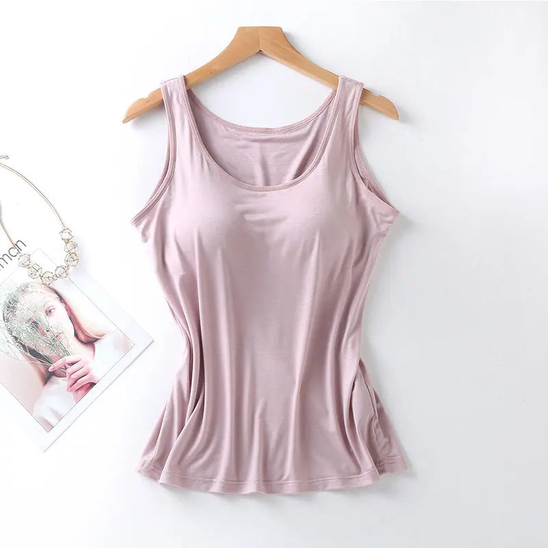 Women’s Built-In Bra Tank Top - Solid Color Padded Slim Fit Vest Shirt for Casual, Sexy & Everyday Wear
